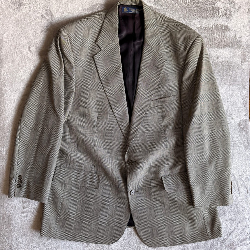 Vintage Brooks Brothers Mens Plaid Pure Wool Blazer Sport‎ Coat Grey Red 40L USA